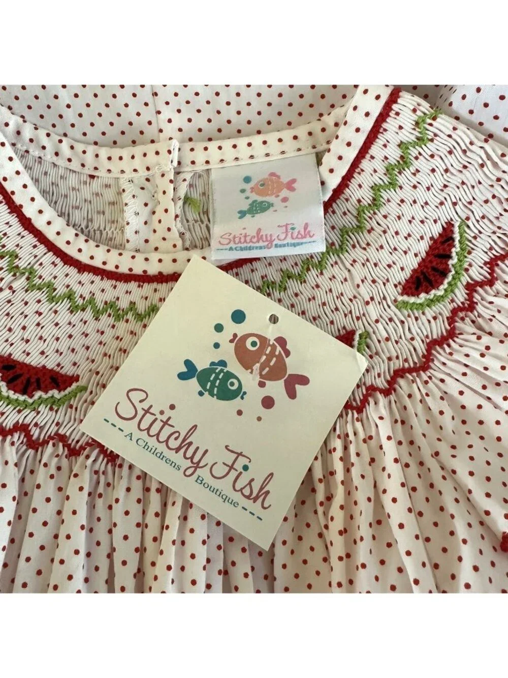 NWT Stitchy Fish Watermelon Smocked Red White Polka Dot Dress Flutter Sleeve 3T